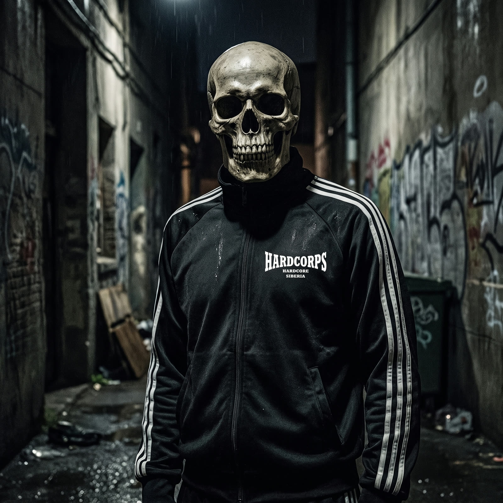 A man in a skull mask and a black HARDCORPS track jacket in a rainy graffiti alley at night